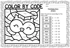 Voorbeeld - Color by Code number - Multiplication (Back to school) | Wiskunde Engels - Pagina 1