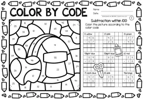 Voorbeeld - Color by Code number - Subtraction within 100 | Wiskunde Engels - Pagina 1
