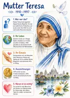 Vorschau - Arbeitsblätter - Lernposter + AB mit Fragen zum Thema "Mutter Teresa" + Lösungsblatt + Mindmap + Infografik - Deckblatt