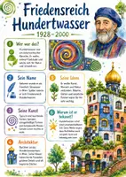 Vorschau - Arbeitsblätter - Lernposter + AB mit Fragen zum Thema "Friedensreich Hundertwasser" + Lösungsblatt + Mindmap + Infografik - Deckblatt