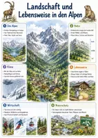 Vorschau - Arbeitsblätter - Lernposter + Arbeitsblätter zum Thema "Landschaft und Lebensweise in den Alpen" + Lösung & MP3 + Mindmap + Infografik - Deckblatt