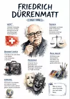 Vorschau - Arbeitsblätter - Lernposter + Arbeitsblätter zum Thema "Friedrich Dürrenmatt" + Lösung & MP3 + Mindmap + Infografik - Deckblatt