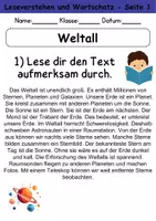 Vorschau - Arbeitsblätter - Weltall : Leseverstehen und Wortschatz - DaZ/DaF • Deutsch • Sachunterricht - Seite 1
