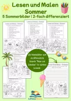 Vorschau - Arbeitsblätter - Lesen und Malen Sommer – 5 Sommerbilder, 2-fach differenziert | Deutsch Klasse 3-5 I Leseverstehen DaZ/DaF 1. & 2. Lernjahr I Back to School Material für den Schuljahresbeginn nach den Sommerferien - Deckblatt