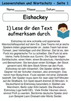 Vorschau - Arbeitsblätter - Eishockey : Leseverstehen und Wortschatz - DaZ/DaF • Deutsch • Sachunterricht - Seite 1