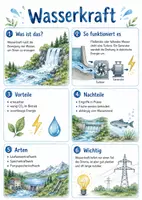 Vorschau - Arbeitsblätter - Lernposter + Arbeitsblätter zum Thema "Wasserkraft" + Lösung & MP3 + Mindmap + Infografik - Deckblatt
