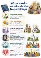 Vorschau - Arbeitsblätter - Lernposter + Arbeitsblätter zum Thema "Wie kam es zu den verschiedenen christlichen Glaubensrichtungen?" (Lückentext, Hörverstehen) + Lösung & MP3 + Mindmap + Infografik - Deckblatt