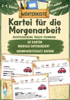 Vorschau - Bildkarten - Wörterkiste – Rechtschreibung täglich üben! | Rechtschreib-Kartei für die Morgenarbeit | Grundwortschatz Bayern | 50 Karten | 3-fach differenziert | Klasse 1–4 - Deckblatt