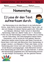 Vorschau - Arbeitsblätter - Namenstag : Leseverstehen und Wortschatz - DaZ/DaF • Deutsch • Sachunterricht - Seite 1