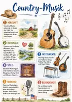 Vorschau - Arbeitsblätter - Lernposter + AB mit Fragen zum Thema "Country-Musik" + Lösungsblatt + Mindmap + Infografiken - Deckblatt