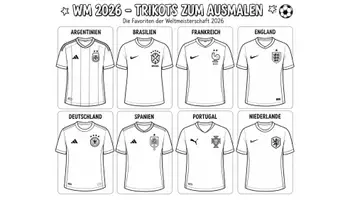 Vorschau - Mal- und Bastelvorlagen - Ausmalbilder mit Trikots zur WM 2026 - Deckblatt