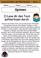 Vorschau - Arbeitsblätter - Spinnen : Leseverstehen und Wortschatz - DaZ/DaF • Deutsch • Sachunterricht - Seite 1