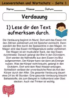 Vorschau - Arbeitsblätter - Verdauung : Leseverstehen und Wortschatz - DaZ/DaF • Deutsch • Sachunterricht - Seite 1