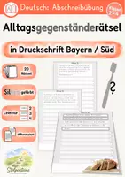 Vorschau - Unterrichtsreihen - Alltagsgegenstände-Rätsel, Abschreibübung in 5 Druckschrift Versionen - Seite 1