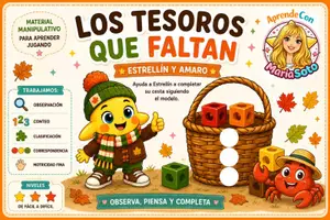 Vista previa - Unidades / Secuencias / Situaciones de Aprendizaje - Los tesoros que faltan. Juego manipulativo de otoño. Infantil. Estrellín y Amaro - Portada