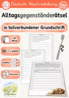 Vorschau - Unterrichtsreihen - Alltagsgegenstände - Rätsel, Abschreibübung in 3 Grundschrift Versionen - Seite 1