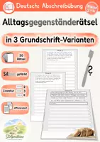 Vorschau - Unterrichtsreihen - Alltagsgegenstände - Rätsel, Abschreibübung in 3 Grundschrift Versionen - Deckblatt