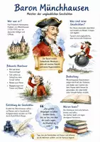Vorschau - Arbeitsblätter - Lernplakat + AB mit Fragen zum Thema "Baron Münchhausen" + Lösungsblatt + Mindmap + Infografiken - Deckblatt