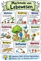 Vorschau - Arbeitsblätter - Lernposter + AB mit Fragen zum Thema "Merkmale von Lebewesen" + Lösungsblatt + Mindmap + Infografik - Deckblatt