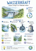 Vorschau - Arbeitsblätter - Lernposter + AB mit Fragen zum Thema "Wasserkraft" + Lösungsblatt + Infografik - Deckblatt