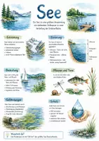 Vorschau - Arbeitsblätter - Lernposter + AB mit Fragen zum Thema "Seen" + Lösungsblatt + Infografik - Deckblatt