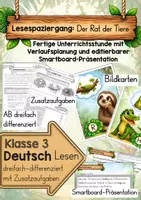 Vorschau - Stundenentwürfe - Lesespaziergang „Der Rat der Tiere“ | fertige Stunde mit Verlaufsplanung 3-fach differenziert + Smartboard-Präsentation und Blitzlesen-Video - Deckblatt
