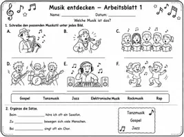 Vorschau - Stundenentwürfe - Musik entdecken – Musikstile kennenlernen | 9 Arbeitsblätter + Lösungen | 1. & 2. Klasse - Seite 1