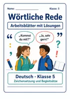 Vorschau - Arbeitsblätter - wörtliche Rede - Klasse 5 Arbeitsblätter mit Lösungen - Deckblatt