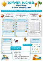 Vorschau - Arbeitsblätter - Suchsel Sommer Deutsch & DaZ/DaF | 4-fach differenziert mit Lösungen | Wortsalat Klasse 3–6 I Sommerferien / Back to School I Wortschatz, Lesen & Rechtschreibung fördern - Deckblatt
