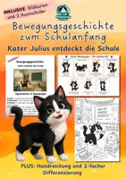 Vorschau - Mal- und Bastelvorlagen - Bewegungsgeschichte Schulanfang – Kater Julius entdeckt die Schule - 2-fach differenziert - Deckblatt