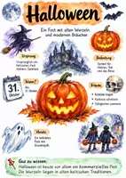 Vorschau - Arbeitsblätter - Lernposter + AB mit Fragen zum Thema "Halloween" + Lösungsblatt + Mindmap + Infografik - Deckblatt