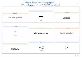 Vorschau - Spiele - Musikspiel-Trio: 3-in-1 Legespiel
Lautstärkesymbole, Dynamikzeichen und Spielweisen - Seite 1