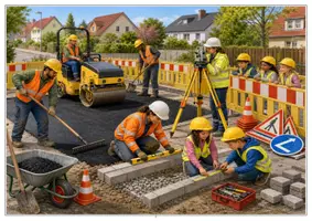 Vorschau - Arbeitsblätter - Straßenbau Wimmelbild-Lernheft Grundschule DaZ/DaF mit Lösungen - Seite 1