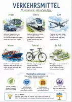 Vorschau - Arbeitsblätter - Lernposter + Arbeitsblätter zum Thema "Verkehrsmittel" + Lösung & MP3 + Mindmap + Infografik - Deckblatt