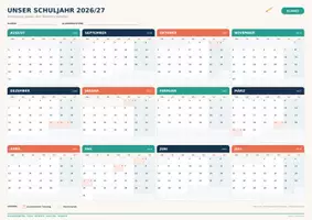 Vorschau - Präsentationen/Tafelbilder - Kostenloser Jahreskalender Schuljahr 2026/27 DIN A3 – NRW & Blanko | 4 Klassenkalender - Seite 1