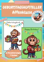 Vorschau - Bildkarten - Geburtstagsaufsteller Affenklasse 🐵| 8 Motive in 7 Farben für den Geburtstagstisch - Deckblatt