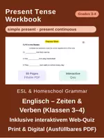 Vorschau - Arbeitsblätter - Present Tenses: Simple & Continuous (Klassen 3–4 / ESL) – Arbeitsblätter & Web-Quiz - Deckblatt