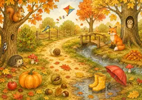 Vorschau - Poster - Herbst-Wimmelbild für Kita & U3 🍂 Suchspiel, Bildkarten & Sprachförderung - Seite 1