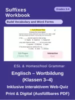 Vorschau - Arbeitsblätter - Suffixes & Word Building (Klassen 3–4 / ESL) – Arbeitsblätter & Web-Quiz - Deckblatt