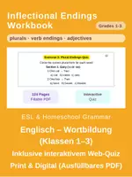 Vorschau - Arbeitsblätter - Inflectional Endings: -s, -es, -ed, -ing (Klassen 1–3 / ESL) – Arbeitsblätter & Web-Quiz - Deckblatt