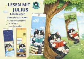 Vorschau - Mal- und Bastelvorlagen - Lesen mit Julius – XXL Lesezeichen zum Ausdrucken (5 Motive in Farbe & zum Ausmalen, Grundschule) - Seite 1