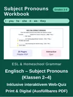 Vorschau - Arbeitsblätter - Subject Pronouns: I, you, he, she, it, we, they (Klassen 2–4 / ESL) – Arbeitsblätter & Web-Quiz - Deckblatt