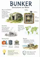 Vorschau - Arbeitsblätter - Lernplakat + AB mit Fragen zum Thema "Bunker" + Lösungsblatt + Mindmap + Infografik - Deckblatt