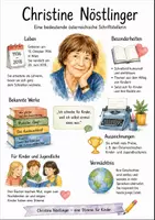 Vorschau - Arbeitsblätter - Lernplakat + AB mit Fragen zum Thema "Christine Nöstlinger" + Lösungsblatt + Mindmap + Infografik - Deckblatt