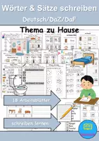 Vorschau - Arbeitsblätter - zu Hause / wohnen / Möbel & Räume : Wörter und Sätze schreiben und Silben DaZ/DaF / Deutsch - Deckblatt