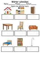Vorschau - Arbeitsblätter - zu Hause / wohnen / Möbel & Räume : Wörter und Sätze schreiben und Silben DaZ/DaF / Deutsch - Seite 2