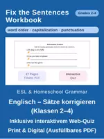 Vorschau - Arbeitsblätter - Sätze korrigieren: Grammatik, Großschreibung & Zeichensetzung (Klassen 2–4 / ESL) – Arbeitsblätter & Web-Quiz - Deckblatt