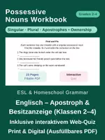 Vorschau - Arbeitsblätter - Possessive Nouns: Apostroph & Besitzanzeigende Nomen (Klassen 2–4 / ESL) – Arbeitsblätter & Web-Quiz - Deckblatt