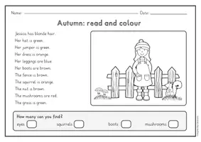 Vista previa - Hojas de trabajo - Autumn read and colour; 7 imágenes, 2 versiones diferenciadas (inglés) - página 1