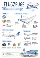 Vorschau - Arbeitsblätter - Lernplakat + AB mit Fragen zum Thema "Flugzeuge" + Lösungsblatt + Infografik - Deckblatt